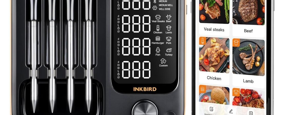 Wireless Meat Thermometer with 4 Probes, Inkbird Wifi BluetoothThermometer Digital Wireless for Rotisserie Grill Oven,Unlimited Range Dishwasher Waterproof Bluetooth Meat Thermometer for iOS & Android